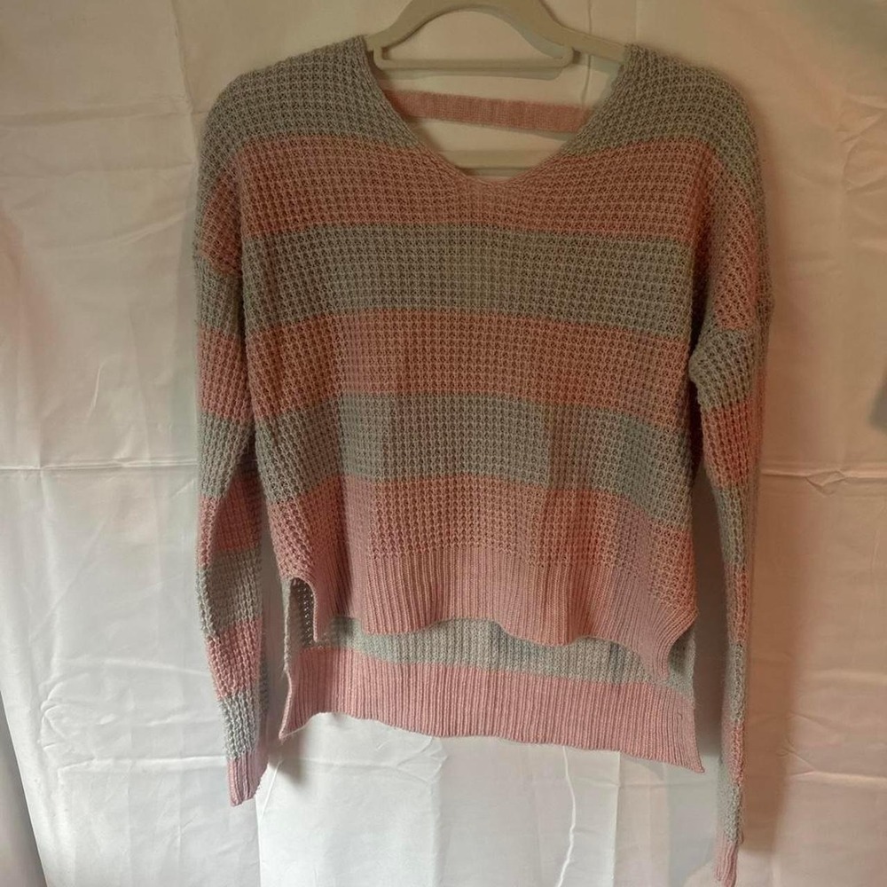 Pink Grey Striped Waffle Knit V-Neck Strappy Back High Low Sweater Women Large